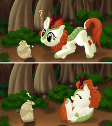 Size: 1920x2160 | Tagged: safe, artist:stellardust, derpibooru exclusive, imported from derpibooru, autumn blaze, armadillo, kirin, sounds of silence, animal, awwtumn blaze, behaving like an armadillo, cloven hooves, colored hooves, comic, cute, daaaaaaaaaaaw, duo, eyes closed, featured image, female, forest, happy, head tilt, hnnng, kirinbetes, on back, open mouth, quadrupedal, question mark, rolling, scales, silly, smiling, solo, sweet dreams fuel, weapons-grade cute