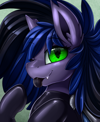 Size: 1446x1764 | Tagged: safe, artist:pridark, imported from derpibooru, oc, oc only, oc:kuro, bat pony, pony, :p, bat pony oc, black tongue, bust, commission, female, green eyes, latex, mare, one eye closed, portrait, silly, solo, tongue out, wink