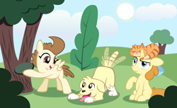 Size: 2000x1222 | Tagged: safe, artist:magerblutooth, imported from derpibooru, pound cake, pumpkin cake, oc, oc:champ (dog), oc:tiger lily (cat), cat, dog, golden retriever, pegasus, pony, unicorn, cake twins, colt, female, filly, frisbee, male, older, pet oc, pets, tail wag, tree