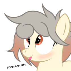 Size: 1000x1000 | Tagged: safe, artist:pizzamovies, imported from derpibooru, oc, oc only, oc:osha, earth pony, pony, :p, animated, blushing, bust, cute, eye shimmer, female, looking up, mare, ocbetes, onomatopoeia, pfft, portrait, raspberry, raspberry noise, silly, silly pony, simple background, smiling, solo, tongue out, white background