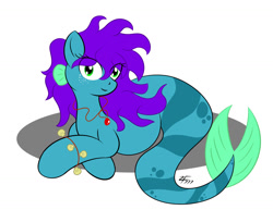 Size: 1280x1043 | Tagged: safe, artist:zeldafan777, imported from derpibooru, oc, oc:glacia, mermaid, merpony, pony, belly, big belly, bracelet, chubby, collar, fat, jewelry, shell, simple background, white background