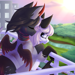 Size: 3000x3000 | Tagged: safe, artist:nika-rain, imported from derpibooru, oc, oc only, earth pony, pegasus, pony, commission, cute, dawn, duo, earth, forest, grass, half, river