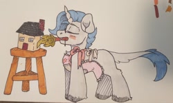 Size: 1373x823 | Tagged: safe, artist:spoopygander, imported from derpibooru, oc, oc only, oc:yodi, pony, unicorn, apron, blushing, bow, chest fluff, cleaning, clothes, cloven hooves, eyes closed, feathered fetlocks, furniture, glasses, hooves, house, housewife, male, model, stallion, stool, traditional art