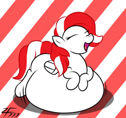 Size: 1280x1196 | Tagged: safe, artist:zeldafan777, imported from derpibooru, oc, oc only, oc:peppermint pattie, pegasus, pony, adorafatty, belly, belly bed, cute, eyes closed, fat, female, freckles, giggling, happy, huge belly, impossibly large belly, large belly, mare, morbidly obese, obese, open mouth