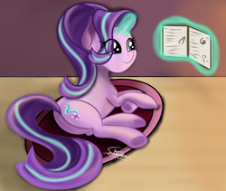 Size: 1280x1080 | Tagged: safe, artist:sadtrooper, imported from derpibooru, starlight glimmer, pony, unicorn, book, female, glowing horn, lying down, solo, starlight glimmer day