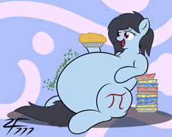 Size: 1280x1017 | Tagged: safe, artist:zeldafan777, imported from derpibooru, oc, oc only, oc:pepper dust, pegasus, adorafatty, belly, big belly, bloated, cute, fat, female, food, happy, huge belly, impossibly large belly, large belly, mare, obese, overeating, pie, plate, stomach noise, stuffed, stuffed belly, that pony sure does love pies, weight gain