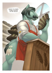 Size: 710x1000 | Tagged: safe, artist:loupgarou, imported from derpibooru, cracked wheat, anthro, earth pony, ancient pony grain bread, apron, bakery, clothes, counter, facial hair, flirting, male, moustache, muscles, no pants, solo