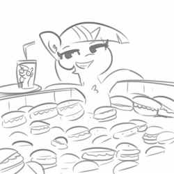 Size: 1650x1650 | Tagged: safe, artist:tjpones, imported from derpibooru, twilight sparkle, pony, unicorn, black and white, burger, chest fluff, drink, fast food, female, food, grayscale, hay burger, lineart, mare, monochrome, simple background, smiling, smug, solo, swimming pool, twilight burgkle, unicorn twilight, wat, white background