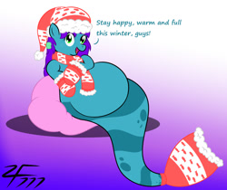 Size: 1280x1077 | Tagged: safe, artist:zeldafan777, imported from derpibooru, oc, oc:glacia, merpony, pony, adorafatty, belly, big belly, christmas, clothes, cushion, cute, fat, female, fetish, hat, holiday, mare, mittens, open mouth, santa hat, scarf, talking to viewer, vore, winter