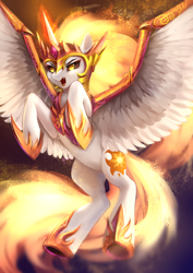 Size: 2480x3508 | Tagged: safe, artist:shu-jeantte, imported from derpibooru, daybreaker, alicorn, pony, armor, female, high res, jewelry, magic, mare, open mouth, regalia, solo, wing armor, wings