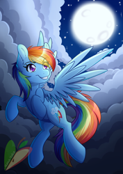 Size: 2480x3507 | Tagged: safe, alternate version, artist:nana-yuka, imported from derpibooru, rainbow dash, pegasus, pony, backwards cutie mark, cloud, female, flying, grin, mare, moon, night, revised, smiling, solo, supermoon