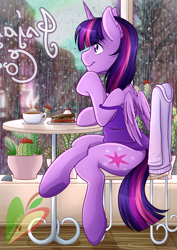 Size: 2480x3507 | Tagged: safe, artist:nana-yuka, imported from derpibooru, twilight sparkle, alicorn, pony, cactus, cake, chair, clothes, coffee, cup, female, food, human shoulders, mare, rain, sitting, smiling, solo, table, twilight sparkle (alicorn), window