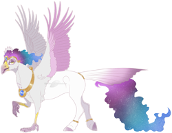 Size: 1605x1243 | Tagged: safe, artist:bijutsuyoukai, imported from derpibooru, oc, oc only, oc:elysian, classical hippogriff, hippogriff, hybrid, crack ship offspring, ethereal mane, interspecies offspring, jewelry, magical lesbian spawn, offspring, parent:gilda, parent:princess celestia, raised claw, regalia, simple background, solo, transparent background