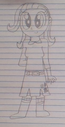 Size: 247x484 | Tagged: safe, artist:nightshadowmlp, imported from derpibooru, oc, oc only, oc:ola tiger, equestria girls, belt, clothes, cute, cutie mark on clothes, equestria girls-ified, female, lined paper, monochrome, skirt, socks, solo, traditional art