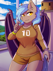 Size: 2424x3245 | Tagged: safe, artist:hakkids2, imported from derpibooru, oc, oc only, oc:moon bloom, anthro, bat pony, adorasexy, bat pony oc, clothes, cute, female, high res, sexy, shorts, solo, ych result