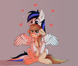 Size: 2412x2040 | Tagged: safe, artist:dinoalpaka, imported from derpibooru, oc, oc only, oc:waver, earth pony, pegasus, pony, cute, earth pony oc, hug, oc x oc, rcf community, shipping, wings