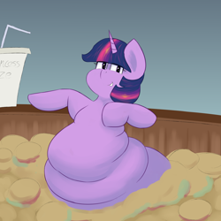 Size: 2500x2500 | Tagged: safe, artist:lupin quill, imported from derpibooru, twilight sparkle, pony, belly, belly button, big belly, burger, chubby, chubby cheeks, chubby twilight, drink, fast food, fat, female, food, hay burger, ketchup, lettuce, mare, obese, rolls of fat, sauce, swimming pool, twilard sparkle, twilight burgkle