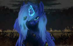 Size: 1920x1200 | Tagged: safe, artist:brainiac, imported from derpibooru, oc, oc only, oc:midnight starfall, pony, unicorn, fallout equestria, action shot, angry, blood, commission, female, fluffy, glowing horn, horn, magic, magic aura, mare, mud, solo