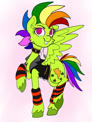 Size: 3000x4000 | Tagged: safe, artist:katyusha, imported from derpibooru, oc, oc only, oc:ripperdash, pegasus, pony, clothes, collar, edgy, edgy as fuck, female, fluffy, hooves, jacket, leg warmers, makeup, mare, piercing, rainbow hair, solo, spiked collar