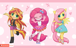 Size: 1571x1000 | Tagged: safe, artist:howxu, imported from derpibooru, fluttershy, pinkie pie, sunset shimmer, anthro, equestria girls, equestria girls series, cute, diapinkes, eyes closed, female, geode of empathy, geode of fauna, geode of sugar bombs, looking at you, magical geodes, ponied up, shimmerbetes, shyabetes, smiling, trio