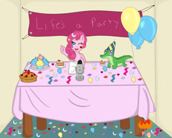 Size: 1024x819 | Tagged: safe, artist:princessofcompassion, imported from derpibooru, gummy, pinkie pie, ask pinkie pie, a, balloon, banner, cake, confetti, cupcake, food, life's, microphone, party, pie, table