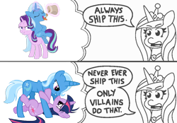 Size: 800x556 | Tagged: safe, artist:jeatz-axl, artist:mrbrandonmac, artist:sazanamibd, artist:threetwotwo32232, edit, imported from derpibooru, princess cadance, starlight glimmer, trixie, twilight sparkle, pony, unicorn, always ship this, female, lesbian, levitation, magic, mare, meme, shipping, startrix, telekinesis, twixie