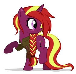 Size: 1991x1963 | Tagged: safe, artist:lazuli, artist:mint-light, artist:rioshi, artist:starshade, imported from derpibooru, oc, oc only, oc:cherry twister, pony, unicorn, blushing, braid, clothes, cutie mark, eye scar, female, jacket, knife, lifted leg, long tail, looking back, scar, shadow, simple background, solo, transparent background, two toned mane