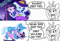 Size: 800x556 | Tagged: safe, edit, imported from derpibooru, princess cadance, trixie, twilight sparkle, equestria girls, always ship this, female, lesbian, meme, shipping, twixie