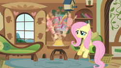 Size: 1920x1080 | Tagged: safe, imported from derpibooru, screencap, fluttershy, philomena, phoenix, pony, a bird in the hoof, adorable face, confident, cute, duo, eating, female, fluttershy's cottage, hungry, mare, sitting, smiling, smirk