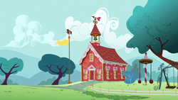 Size: 1920x1080 | Tagged: safe, imported from derpibooru, screencap, party of one, background, bell, bush, flag, flagpole, no pony, partly cloudy, ponyville schoolhouse, school, swing set, tree