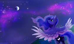 Size: 6000x3600 | Tagged: safe, artist:isorrayi, imported from derpibooru, princess luna, alicorn, pony, absurd resolution, beautiful, curved horn, female, horn, looking away, looking up, mare, moon, night, night sky, pretty, sky, smiling, spread wings, three quarter view, wings