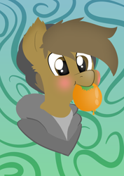 Size: 4960x7015 | Tagged: safe, artist:almond evergrow, derpibooru exclusive, imported from derpibooru, oc, oc only, oc:almond evergrow, earth pony, pony, :t, abstract background, absurd resolution, blushing, bust, clothes, cute, ear fluff, food, hat, hoodie, male, mouth hold, nom, ocbetes, orange, portrait, puffy cheeks, shirt, simple background, smiling, solo, stallion