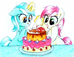 Size: 2078x1595 | Tagged: safe, artist:liaaqila, imported from derpibooru, lyra heartstrings, roseluck, earth pony, pony, unicorn, cake, cake decorating, commission, duo, food, simple background, traditional art, white background