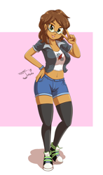 Size: 2795x4738 | Tagged: safe, artist:jeglegator, imported from derpibooru, oc, oc only, oc:chestnut quill, oc:copper plume, equestria girls, belly button, bracelet, breasts, clothes, commission, commissioner:imperfectxiii, converse, female, freckles, glasses, hand on hip, jacket, jewelry, lipstick, looking at you, midriff, peace sign, rule 63, shoes, shorts, smiling, sneakers, socks, solo, thigh highs, zettai ryouiki