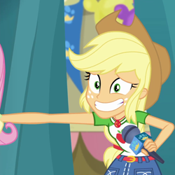 Size: 1078x1079 | Tagged: safe, imported from derpibooru, screencap, applejack, fluttershy, best in show: the pre-show, equestria girls, equestria girls series, spoiler:eqg series (season 2), cropped, female, geode of super strength, magical geodes, microphone, offscreen character