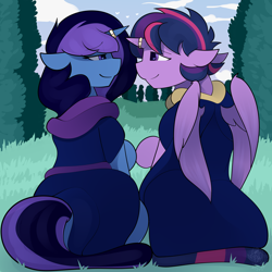 Size: 3000x3000 | Tagged: safe, artist:biepbot, artist:detpoot, imported from derpibooru, twilight sparkle, oc, oc:aurora shine (loe), alicorn, pony, canon x oc, clothes, dusk shine, eye contact, heart, horn, horn ring, looking at each other, robe, rule 63, twilight sparkle (alicorn)