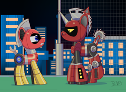 Size: 3506x2550 | Tagged: safe, artist:trackheadtherobopony, imported from derpibooru, oc, oc:buzzsaw, oc:gearhead, oc:trackhead, pony, robot, robot pony, city, menacing, signature