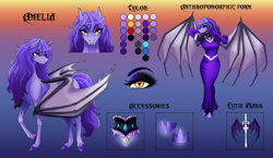 Size: 1280x744 | Tagged: safe, artist:askthelunargeneral, artist:tri-edge, imported from derpibooru, oc, oc only, oc:amelia, oc:amelia valkyria, anthro, bat pony, pony, anthro oc, anthro with ponies, ask the lunar general, bat pony oc, clothes, dress, female, reference sheet, solo