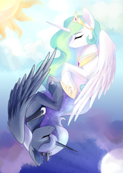 Size: 1024x1448 | Tagged: safe, artist:shu-jeantte, imported from derpibooru, princess celestia, princess luna, alicorn, pony, deviantart watermark, duo, ethereal mane, eyes closed, female, jewelry, mare, moon, obtrusive watermark, regalia, siblings, sisters, smiling, starry mane, sun, watermark, yin-yang