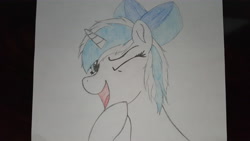 Size: 5312x2988 | Tagged: safe, artist:straighttothepointstudio, imported from derpibooru, oc, oc only, pony, unicorn, bow, bust, colored, hair bow, happy, messy mane, one eye closed, portrait, solo, traditional art, wink