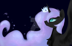 Size: 1024x653 | Tagged: safe, artist:shu-jeantte, imported from derpibooru, nightmare moon, princess luna, alicorn, pony, chest fluff, crown, dark, deviantart watermark, ethereal mane, female, jewelry, mare, missing accessory, nightmare luna, obtrusive watermark, regalia, simple background, slit eyes, slit pupils, solo, spread wings, starry mane, watermark, wings
