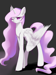 Size: 1024x1376 | Tagged: safe, artist:shu-jeantte, imported from derpibooru, princess celestia, alicorn, pony, dark background, deviantart watermark, female, gray background, lidded eyes, mare, obtrusive watermark, one eye closed, pink-mane celestia, simple background, smiling, solo, watermark