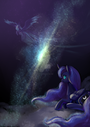 Size: 1280x1811 | Tagged: safe, artist:shu-jeantte, imported from derpibooru, princess luna, alicorn, pony, cloud, curved horn, cutie mark, deviantart watermark, ethereal mane, female, flying, galaxy, horn, large wings, looking at you, looking back, looking back at you, mare, obtrusive watermark, prone, solo, space, starry mane, stars, watermark, wings