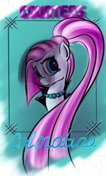 Size: 800x1335 | Tagged: safe, artist:nyashka-vaiper, imported from derpibooru, coloratura, pony, abstract background, bust, clothes, countess coloratura, female, jacket, jewelry, long hair, looking at you, mare, necklace, ponytail, solo, veil