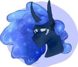 Size: 1224x1063 | Tagged: safe, artist:m00n-fruit, imported from derpibooru, princess luna, alicorn, pony, bust, coat markings, curved horn, dappled, ethereal mane, female, freckles, horn, looking sideways, looking to side, missing accessory, solo, starry mane