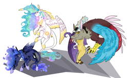 Size: 902x551 | Tagged: safe, artist:m00n-fruit, imported from derpibooru, discord, princess celestia, princess luna, alicorn, draconequus, ethereal mane, flowing mane, fluffy, jewelry, leonine tail, missing accessory, regalia, royal sisters, starry mane, trio