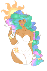 Size: 2000x3000 | Tagged: safe, artist:m00n-fruit, imported from derpibooru, princess celestia, human, armlet, big hair, bracelet, bracer, braid, breasts, cleavage, clothes, cutie mark, cutie mark on clothes, dark skin, dress, eyeshadow, female, humanized, jewelry, lidded eyes, lipstick, makeup, missing accessory, peace sign, side slit, simple background, smiling, solo, tan skin, transparent background, white dress