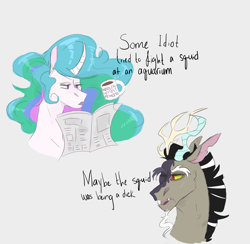 Size: 2046x1999 | Tagged: safe, artist:m00n-fruit, imported from derpibooru, discord, princess celestia, alicorn, draconequus, pony, coffee mug, context is for the weak, conversation, curved horn, description is relevant, dialogue, dislestia, female, g4, horn, implied squid, ink, male, mug, newspaper, no context, shipping, straight, vulgar