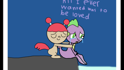 Size: 1334x750 | Tagged: safe, alternate version, artist:undeadponysoldier, imported from derpibooru, spike, oc, oc:molly, crying, hug, luminous, sad, spikelove, text, water