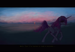 Size: 4000x2800 | Tagged: safe, artist:plotcore, imported from derpibooru, princess celestia, alicorn, pony, dialogue, female, mare, offscreen character, pink-mane celestia, scenery, solo, sunset, water, younger